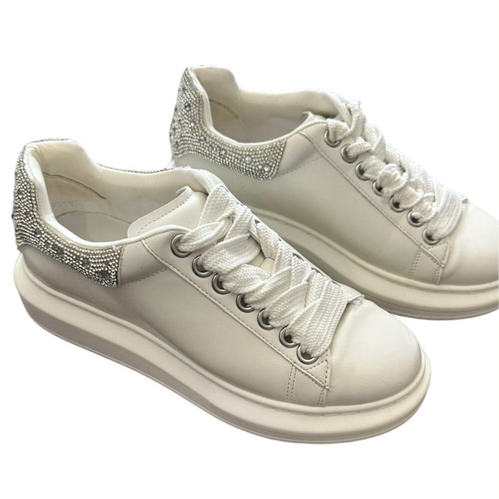 Steve Madden Gaines White Rhinestone Platform Sneakers Womens 7